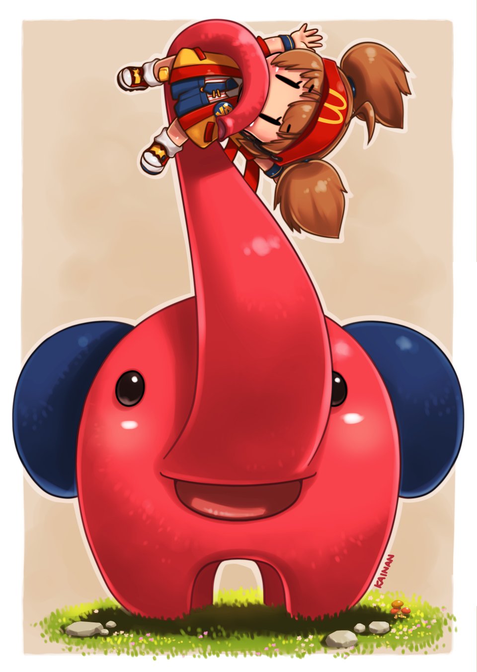 1girl arms_up artist_name bandaid bandaid_on_knee bandaid_on_leg border brown_background chibi elephant grass happi headset highres imadake_dabuchi_tabemi japanese_clothes kainan lifting_person mcdonald&#039;s mushroom necktie no_nose open_mouth outside_border rock shoes skirt solid_oval_eyes tie_clip twintails visor_cap white_border