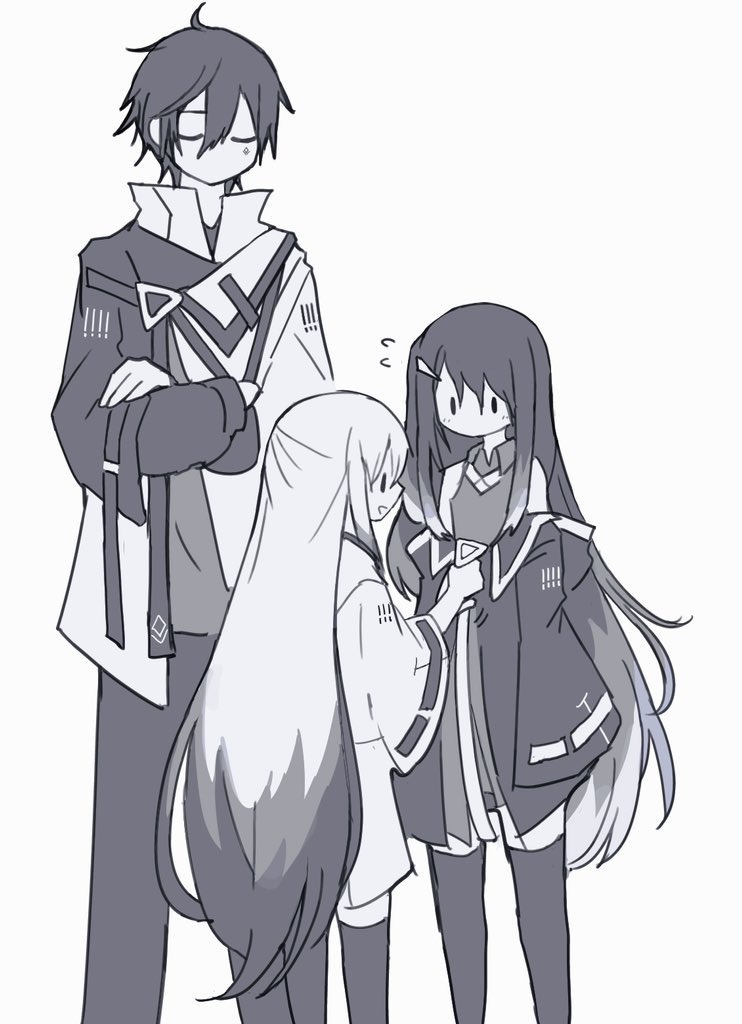 1boy 2girls 50zushi adjusting_another&#039;s_clothes allial_(coefont) averuni_(coefont) closed_eyes coat coefont collared_shirt colored_tips commentary_request crossed_arms facial_mark flying_sweatdrops greyscale hair_between_eyes hair_ornament hairclip height_difference high_collar hood hood_down hooded_coat layered_sleeves long_hair long_sleeves millial_(coefont) monochrome multicolored_coat multicolored_hair multiple_girls off_shoulder one_side_up open_mouth shirt short_hair short_over_long_sleeves short_sleeves siblings sidelocks simple_background sleeveless sleeveless_shirt sleeves_past_fingers sleeves_past_wrists smile solid_oval_eyes standing tall thighhighs two-tone_coat wide_sleeves