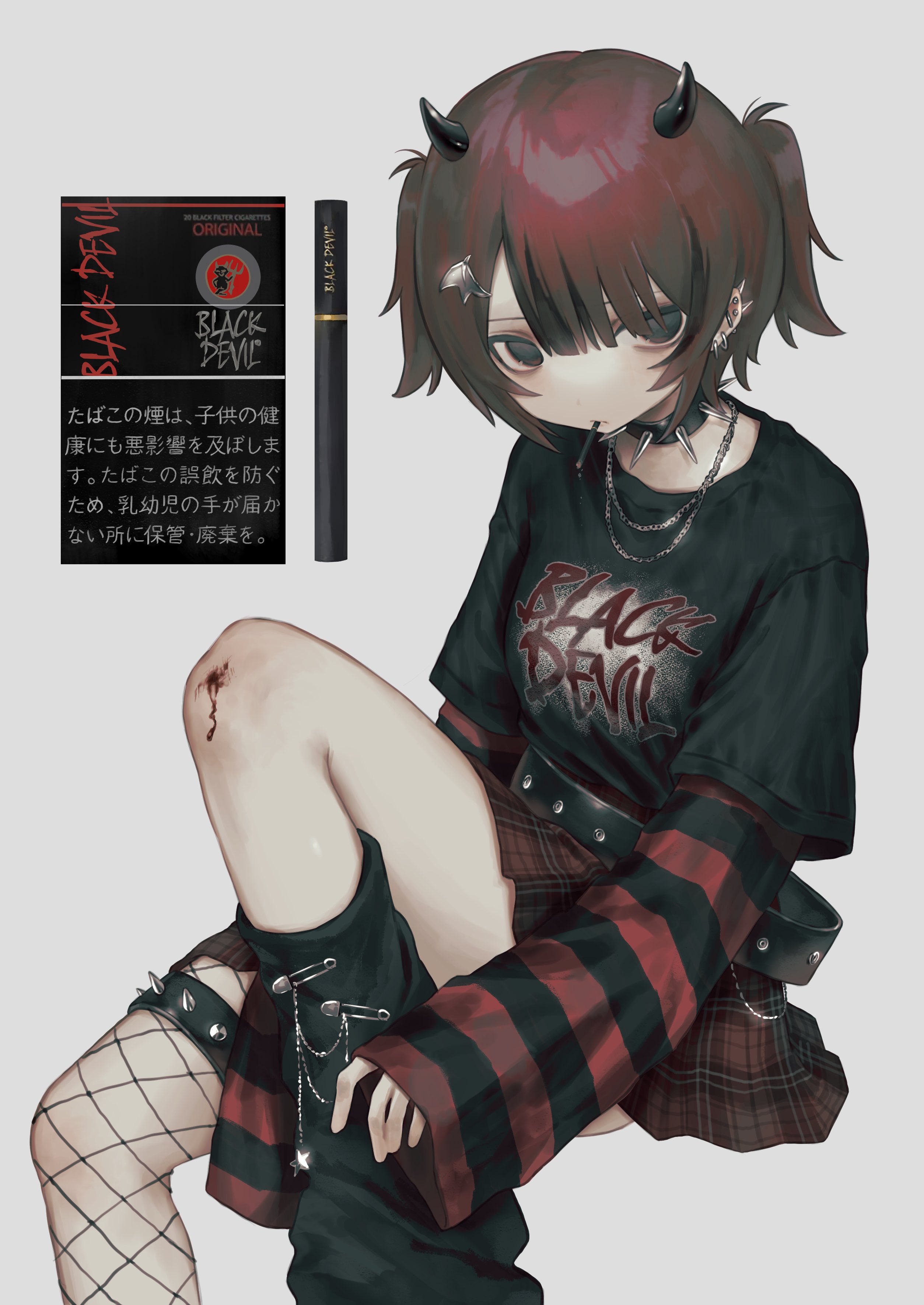 1girl absurdres belt black_belt black_devil_(cigarette) black_eyes black_shirt bleeding blood cigarette cigarette_pack clothes_writing collar ear_piercing feet_out_of_frame grey_background highres horns jewelry knee_injury knee_up layered_sleeves leg_warmers long_sleeves looking_at_viewer necklace nia_(x_x02) original oversized_belt personification piercing plaid_clothes plaid_skirt red_hair red_skirt red_sleeves scraped_knee shirt shirt_tucked_in short_hair short_over_long_sleeves short_sleeves simple_background single_fishnet_legwear skirt smoking solo spiked_collar spiked_ear_piercing spikes striped_sleeves t-shirt two_side_up