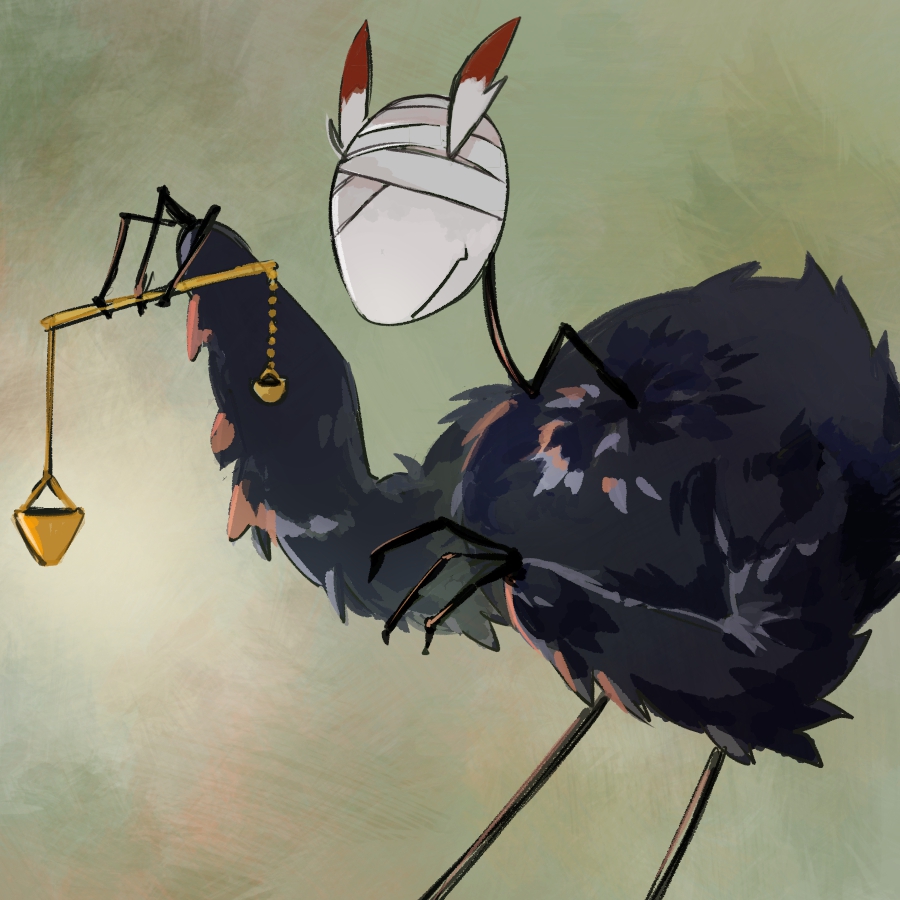 115_koubunshi bandages bandages_over_eyes bird claws closed_mouth creature creature_focus hands_up holding_scale judgement_bird lobotomy_corporation no_humans project_moon simple_background smile weighing_scale