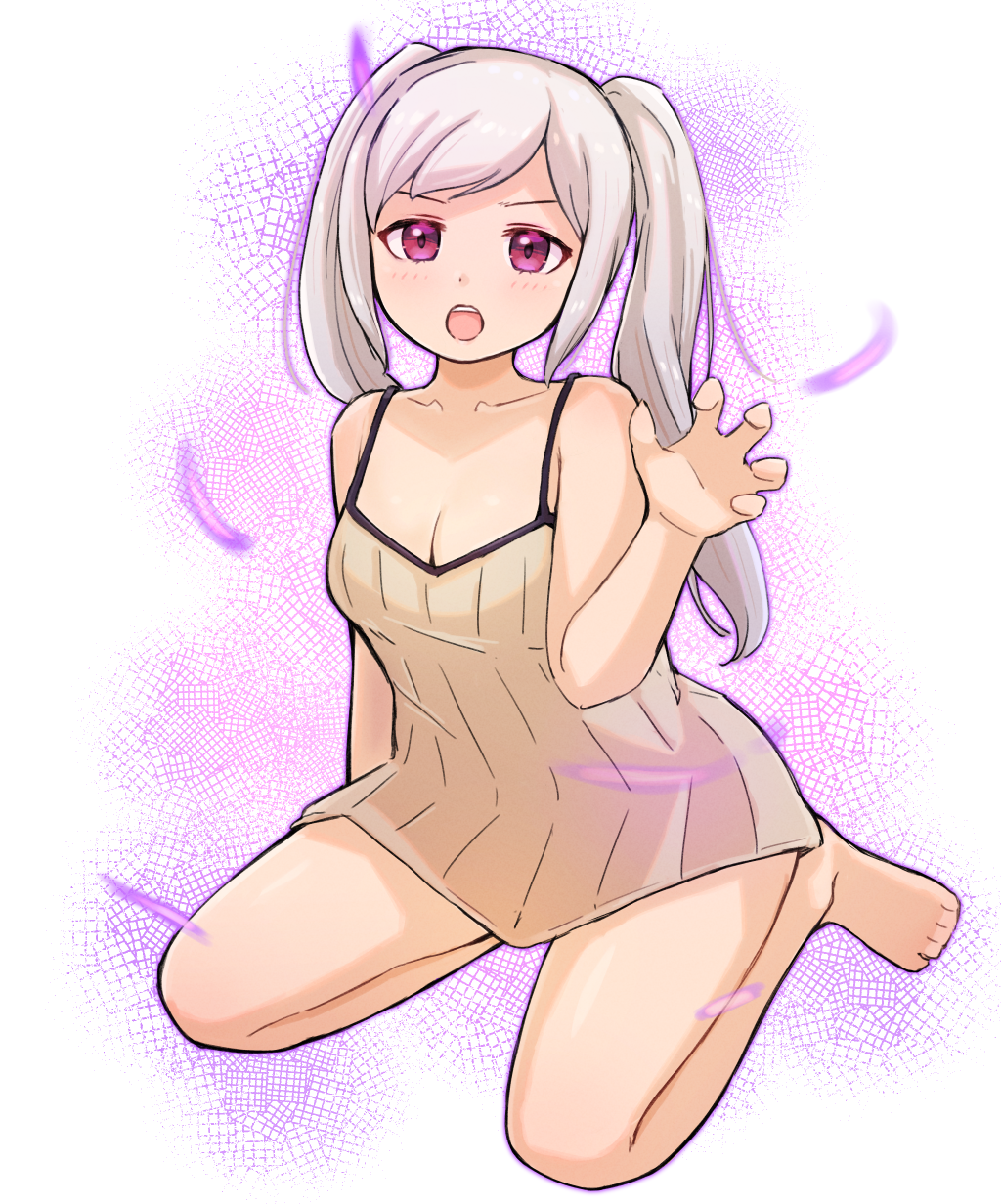 1girl barefoot breasts camisole cleavage commentary_request female_robin_(fire_emblem) female_robin_(grima)_(fire_emblem) fire_emblem fire_emblem_awakening grima_(fire_emblem) highres kutabireta_neko long_hair looking_at_another looking_at_viewer medium_breasts nintendo purple_aura red_eyes sitting sleeveless smile solo thighs toes twintails white_camisole white_hair