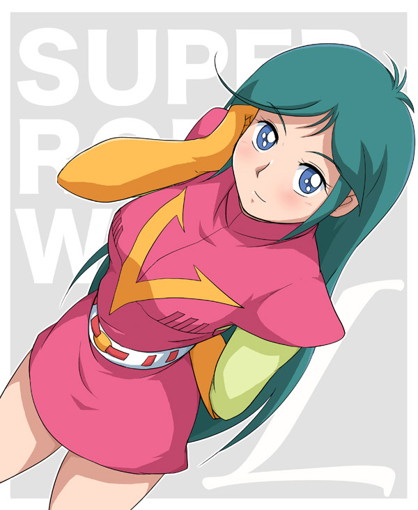 1970s_(style) 1girl adjusting_hair arms_behind_back belt bioroid_hei blue_eyes choudenji_robo_combattler_v elbow_gloves female_focus from_above gloves green_hair nanbara_chizuru oldschool retro_artstyle smile solo sunrise_(company) super_robot_wars super_robot_wars_l text_focus toei_animation uniform