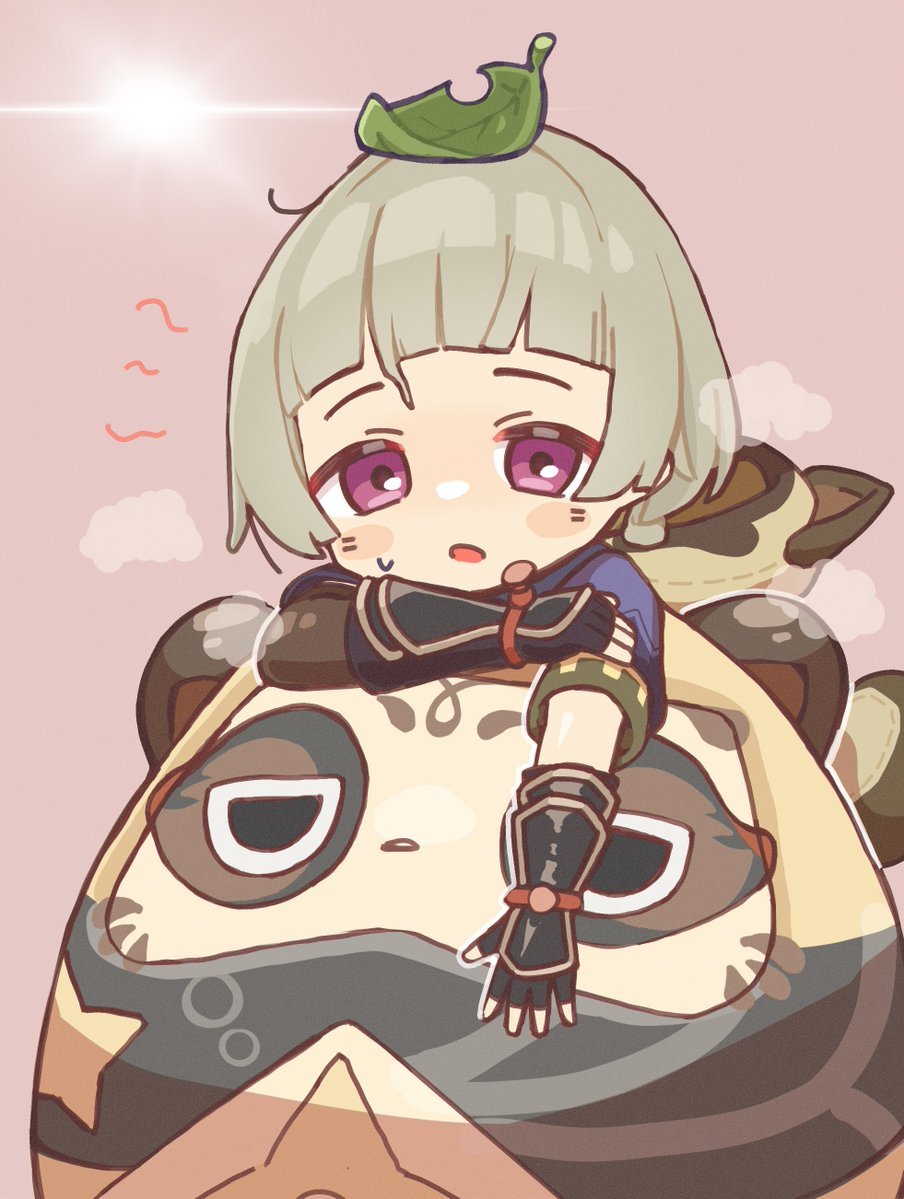 1girl :o animal_ears animal_hood arm_guards black_gloves blunt_bangs blush blush_stickers commentary_request fake_animal_ears fake_tail fingerless_gloves genshin_impact gloves grey_hair hood hood_down hot leaf leaf_on_head looking_at_viewer muji-muji_daruma_(genshin_impact) open_mouth pink_background purple_eyes raccoon_ears raccoon_hood raccoon_tail sayu_(genshin_impact) short_hair short_sleeves simple_background solo steam sweat ta93ura tail