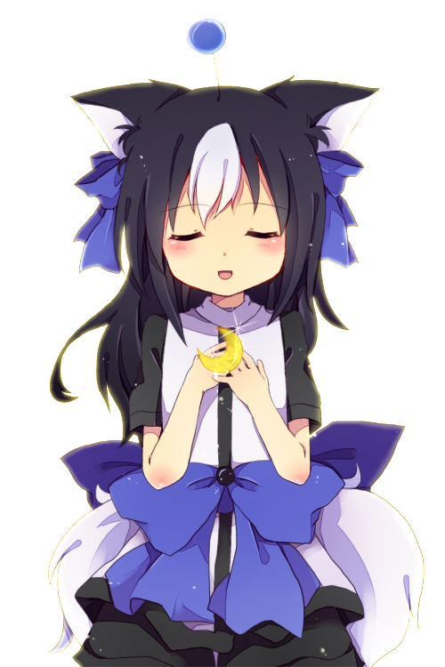 1girl animal_ears bad_id bad_pixiv_id black_hair bow crescent dog_ears dog_tail female_focus hair_bow hair_ornament hair_ribbon hands_on_own_chest long_hair looking_at_viewer male_focus moochasu multicolored_hair ribbon solo tail towelket_wo_mou_ichido two-tone_hair uguisu_mochi_(ykss35)
