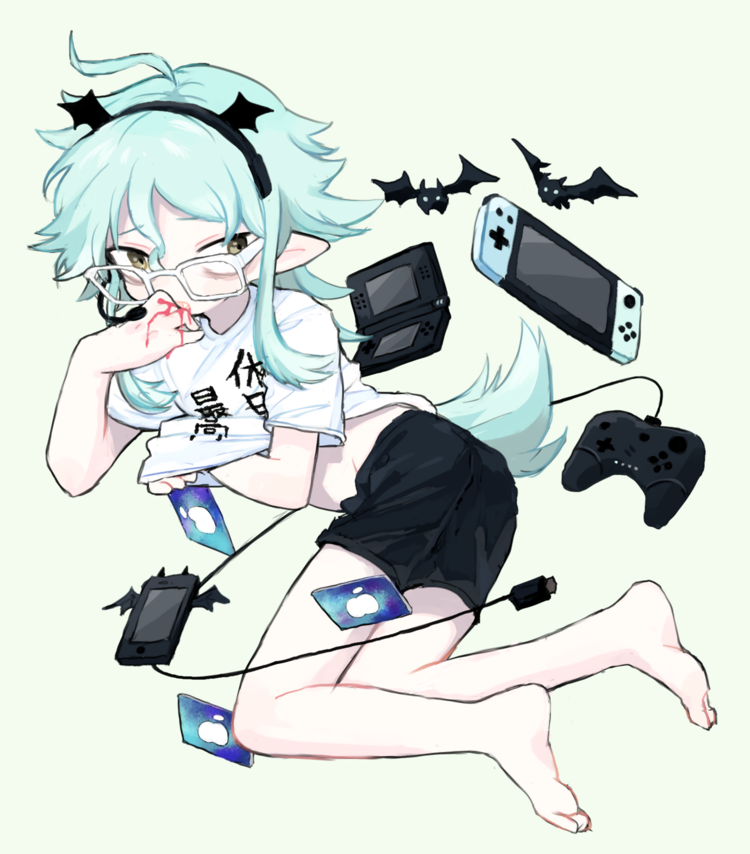 1boy apple_inc. aqua_hair barefoot bat_(animal) blood blood_on_hands cellphone commentary_request cotono_(nazekun) gift_card glasses green_background handheld_game_console headset highres itunes_card long_hair male_focus nintendo_ds nintendo_switch original phone rectangular_eyewear sanpaku shirt short_sleeves simple_background smartphone vampire white-framed_eyewear white_shirt xbox_controller yellow_eyes