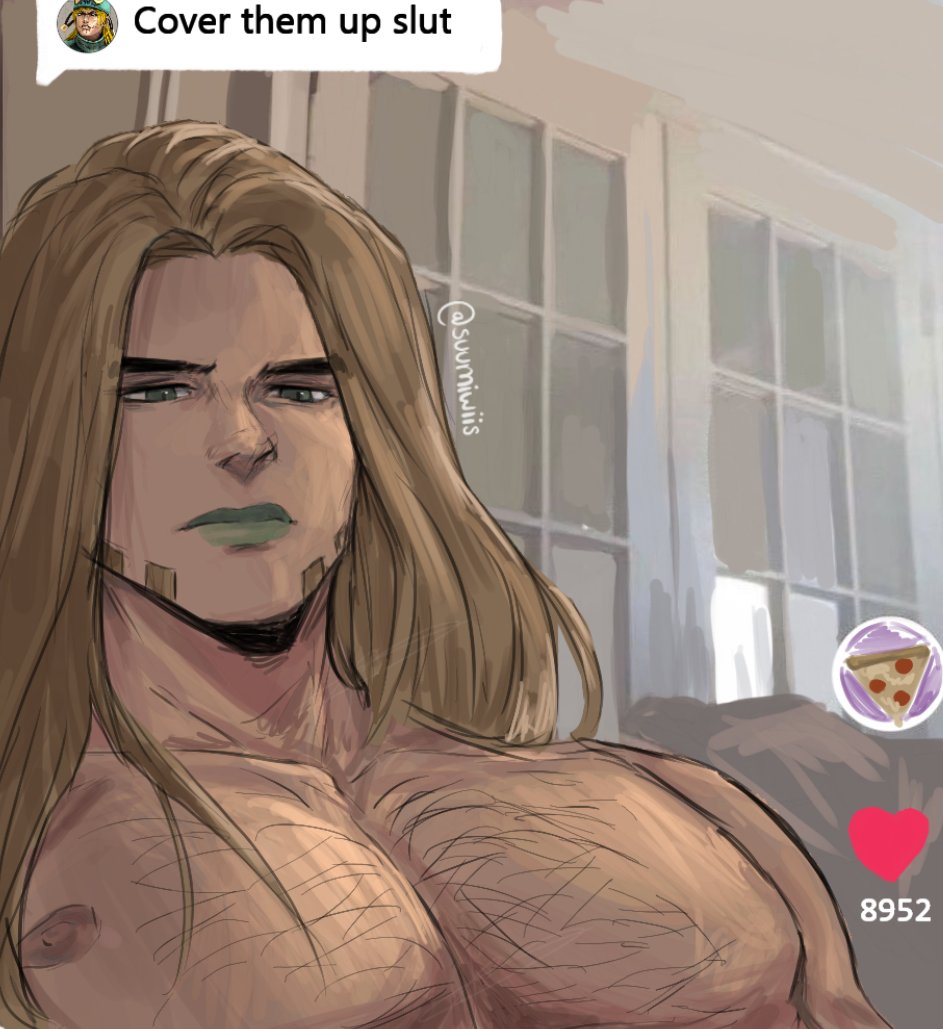 1boy alternate_body_hair bara character_request cover_them_up_slut_(meme) dialogue_box english_text green_lips indoors jojo_no_kimyou_na_bouken large_pectorals long_hair looking_at_viewer male_focus meme muscular muscular_male nipples nude pectoral_focus pectorals solo sparse_chest_hair suumiwiis thick_eyebrows upper_body