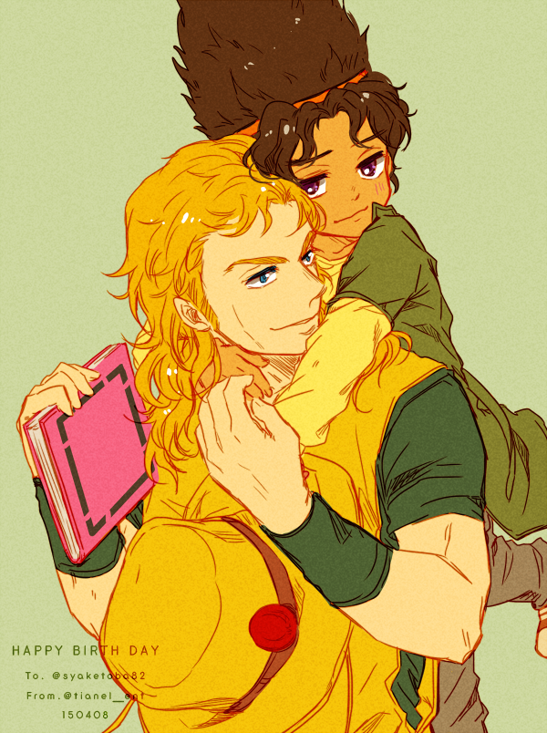 2boys beehive_hairdo black_hair blonde_hair blue_eyes boingo book brown_hair dark-skinned_male dark_skin headband hol_horse jojo_no_kimyou_na_bouken long_hair male_focus multiple_boys purple_eyes stand_(jojo) stardust_crusaders thoth_(stand) tianel_ent