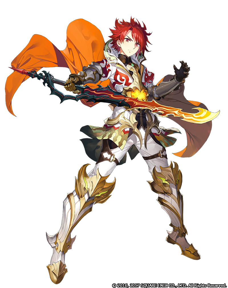 1boy armor cape closed_mouth full_body gaou_(umaiyo_puyoman) gauntlets grimms_notes high_collar holding holding_sword holding_weapon ignis_berflame_(guren)_(grimms_notes) legs_apart male_focus official_art pants red_eyes red_hair simple_background solo standing sword watermark weapon white_background