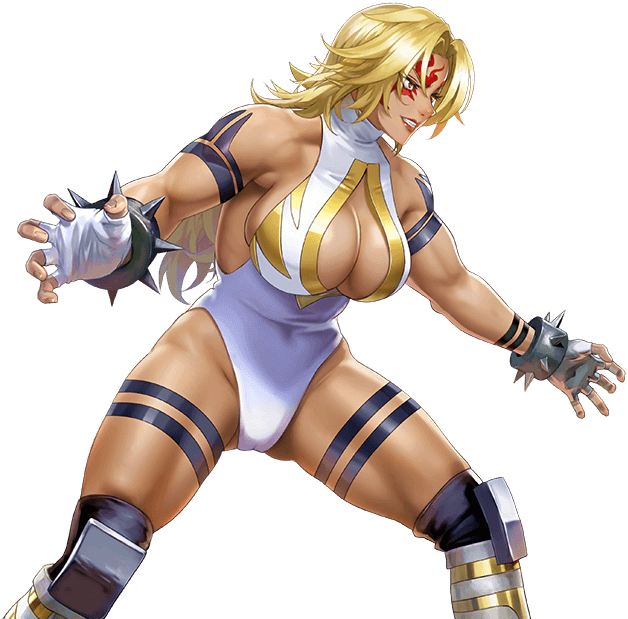 1girl blonde_hair bracelet breasts clothing_cutout curvy fighting_stance fingerless_gloves gloves hanekura_bou jewelry large_breasts legs_apart leotard lilith-soft lips long_hair muscular muscular_female official_art open_hands power_lady revealing_clothes smile solo spiked_bracelet spikes taimanin_(series) taimanin_rpgx white_leotard wide_hips wrestling wrestling_outfit