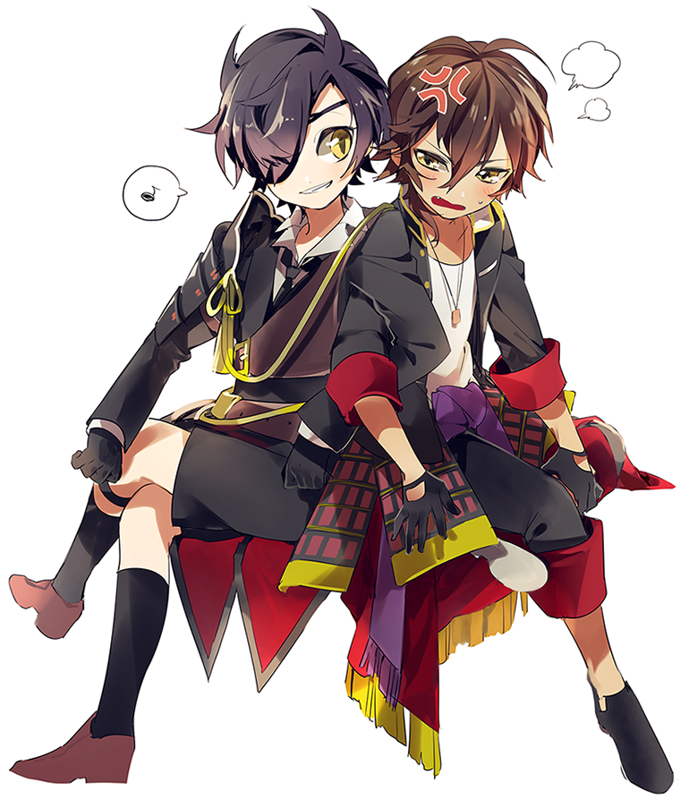 10s 2boys aged_down anger_vein armor black_hair brown_hair child crossed_legs dog_tags eyepatch fang grin japanese_armor male_focus masyu_yuyu multiple_boys musical_note ookurikara open_mouth shokudaikiri_mitsutada shorts shoulder_armor simple_background sitting smile sode spoken_musical_note touken_ranbu yellow_eyes