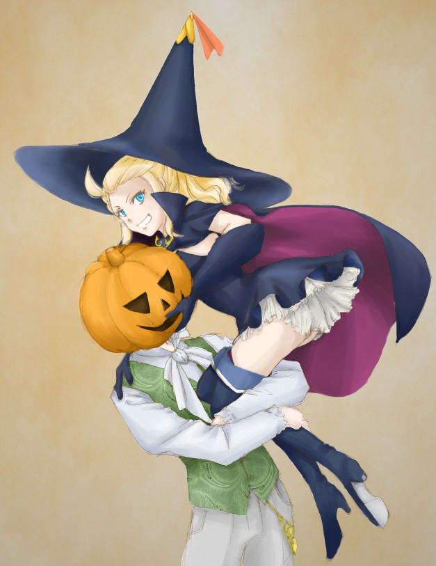 1boy 1girl ahoge alternate_costume blonde_hair blue_eyes bow bravely_default:_flying_fairy bravely_default_(series) came_2010 cape edea_lee elbow_gloves gloves hair_bow halloween hat jack-o&#039;-lantern long_hair looking_at_viewer ringabel simple_background smile thighhighs witch_hat