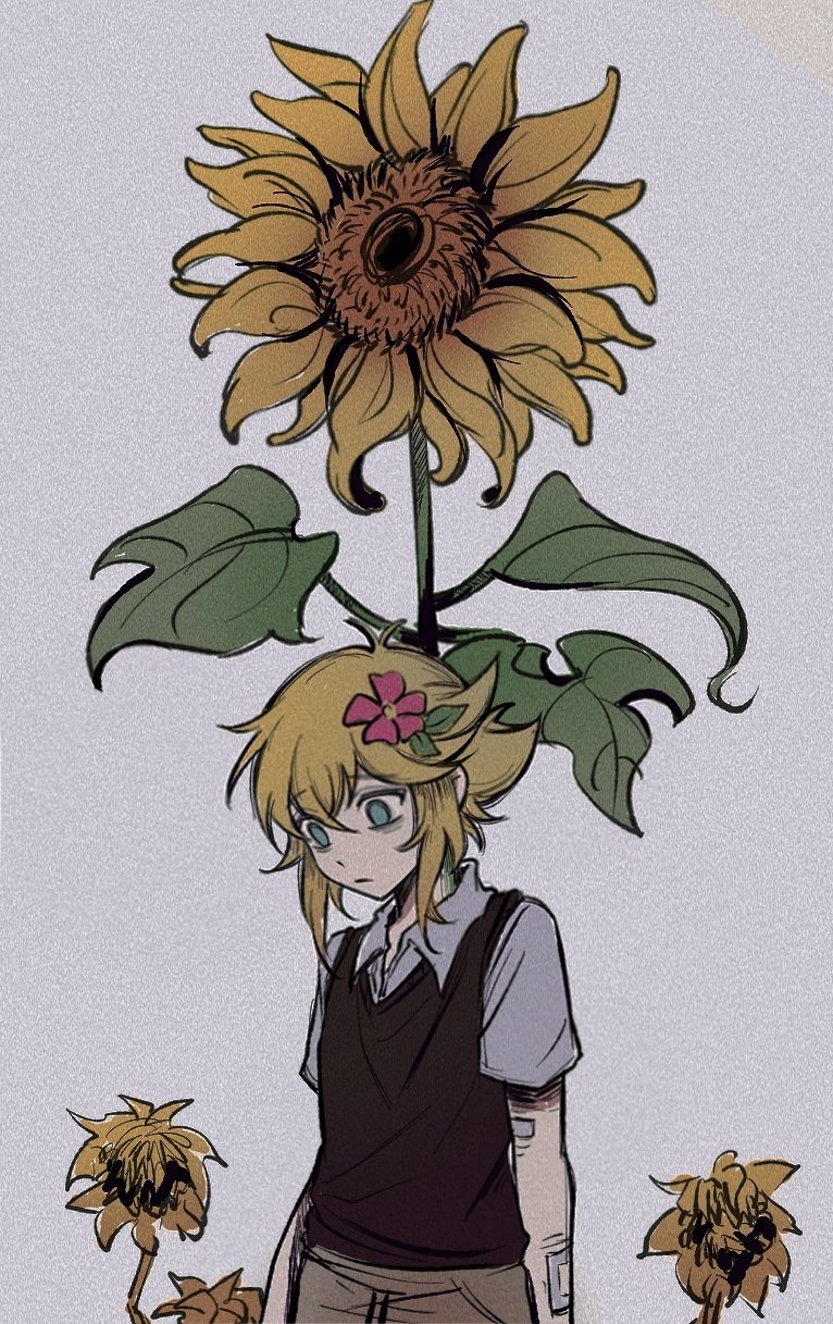 1boy bandages basil_(faraway)_(omori) basil_(omori) blonde_hair blue_eyes closed_mouth flower hair_flower hair_ornament highres looking_away looking_down niu_tata omori short_hair solo sunflower