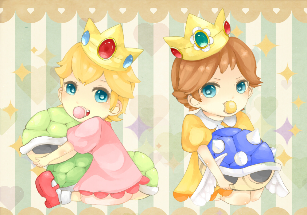2girls baby baby_daisy baby_peach blonde_hair blue_eyes blue_shell_(mario) brown_hair crown dress green_shell_(mario) heart holding looking_at_viewer mario_(series) mario_kart mario_kart_wii multiple_girls nintendo nyorisaaan pacifier pink_dress princess_daisy princess_peach red_footwear short_hair short_sleeves sitting socks sparkle striped_background white_socks yellow_dress