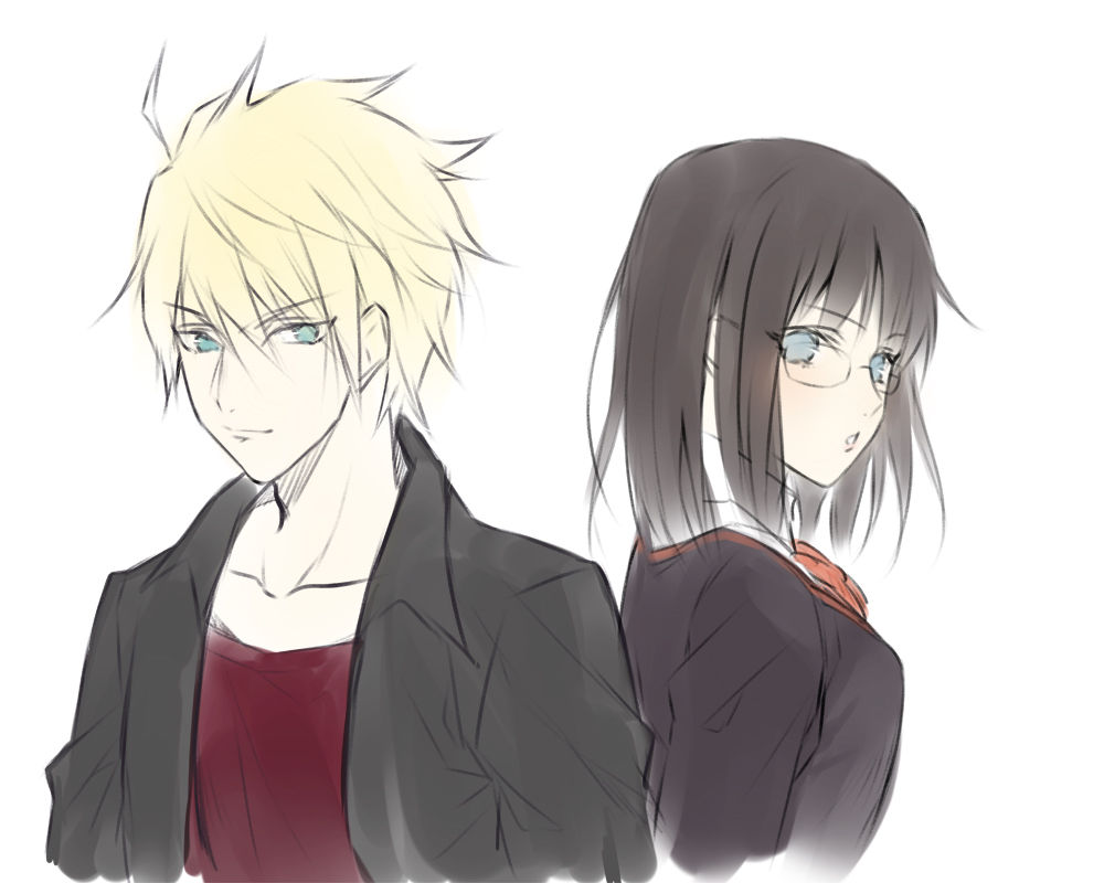1boy 1girl arthur_pendragon_(fate) black_hair blonde_hair blue_eyes breasts coat fate/prototype fate_(series) glasses open_mouth ribbon sajou_ayaka_(fate/prototype) school_uniform short_hair smile