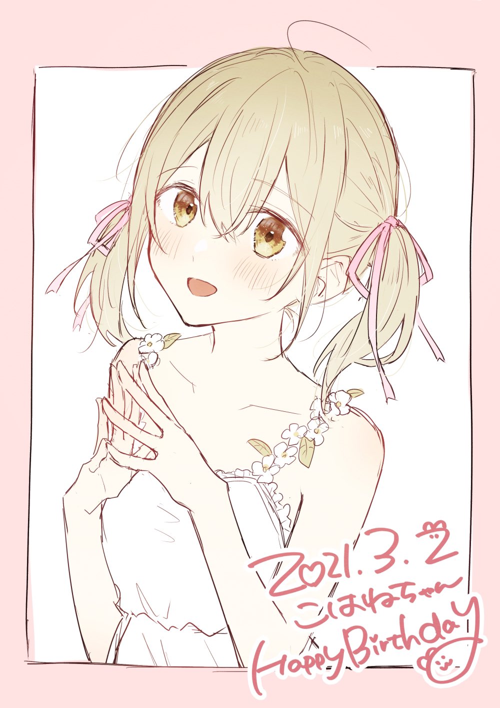 1girl :d azusawa_kohane bare_shoulders blonde_hair blush brown_eyes character_name commentary_request dated dot_nose flower hair_between_eyes hands_up happy_birthday highres jishio leaf open_mouth project_sekai short_twintails sleeveless smile solo twintails upper_body white_flower