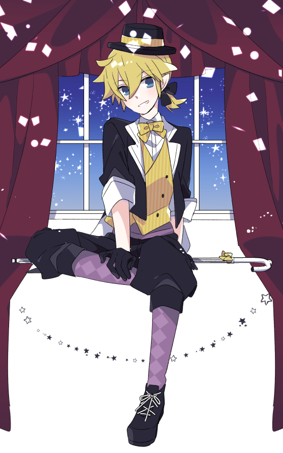 1boy ankle_boots argyle_clothes argyle_pantyhose black_boots black_hat black_jacket black_shorts blonde_hair blue_eyes blue_sky boots bow bowtie buttons cane commentary_request crossed_legs curtains eyebrows_hidden_by_hair full_body gradient_sky hat hat_ribbon holding holding_cane indoors jacket kagamine_len kagamine_len_(tricker) looking_at_viewer male_focus pantyhose pantyhose_under_shorts pinstripe_pattern pinstripe_vest ponytail purple_pantyhose ribbon shirt short_ponytail shorts sky sleeves_rolled_up smile smirk solo sparkle striped vest vocaloid white_background white_shirt window windowsill yellow_bow yellow_bowtie yellow_ribbon yellow_vest yoshiki yumekui_shirokuro_baku_(vocaloid)