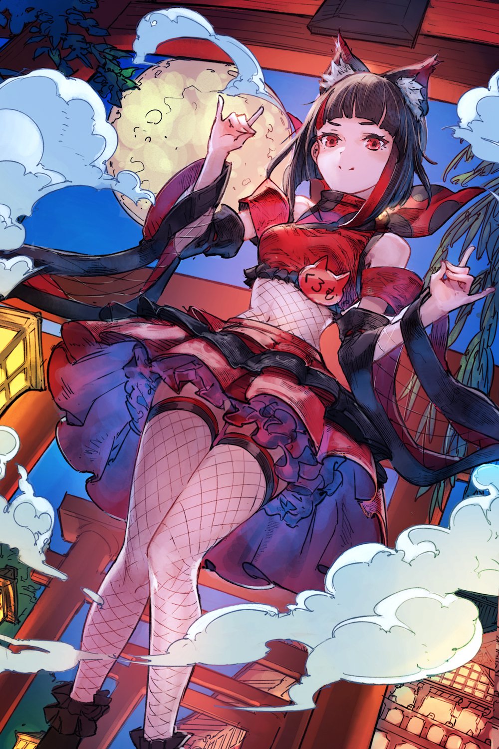 1girl animal_ear_fluff animal_ears animare bare_shoulders blunt_bangs breasts brown_hair cloud detached_sleeves female_focus fishnet_thighhighs fishnets frilled_skirt frills from_below gigapuri highres inari_kuromu kuromu_channel looking_at_viewer medium_breasts midriff moon multicolored_hair nanashi_inc. red_eyes red_hair red_skirt skirt smile solo streaked_hair thighhighs virtual_youtuber zettai_ryouiki