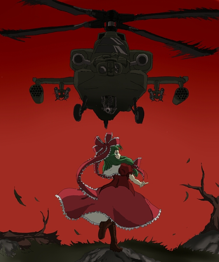 1girl ah-64 ah-64_apache aircraft attack_helicopter autocannon boots bow cannon chain_gun dress female_focus full_body gradient_background green_eyes green_hair gunship hair_bow hair_ribbon helicopter helicopter_gunship kagiyama_hina lau-61_g/a leaf looking_back m230_chain_gun m261 m299 matching_hair/eyes military_vehicle missile_launcher missile_rack nature outdoors ribbon rocket_launcher rocket_pod sky solo touhou tsunozemi weapon
