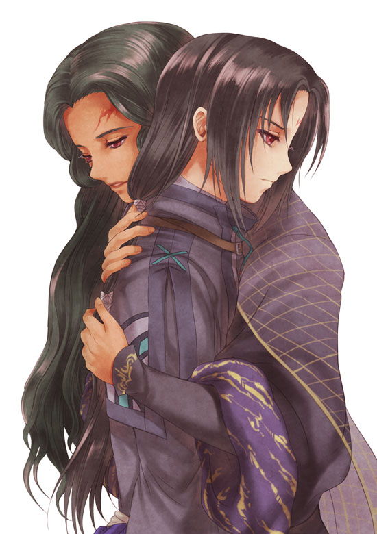 1boy 1girl almedha_(fire_emblem) black_hair curly_hair dark_skin dress facial_mark fire_emblem fire_emblem:_radiant_dawn forehead_mark green_hair hug image_sample long_hair nemupon_(goodlucky) nintendo ponytail red_eyes simple_background soren_(fire_emblem) tumblr_sample white_background