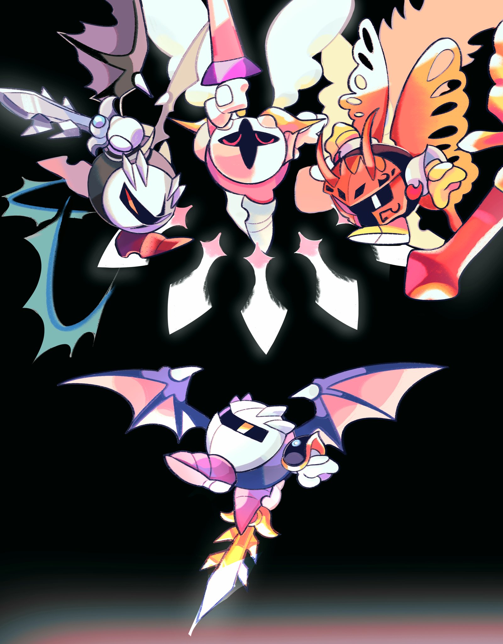 4boys black_background butterfly_wings commentary_request dark_meta_knight dragon_wings galacta_knight highres holding holding_sword holding_weapon insect_wings kirby_(series) kirby_&_the_amazing_mirror kirby_and_the_forgotten_land kirby_super_star kirby_super_star_ultra korean_commentary melt74888829 meta_knight morpho_knight multiple_boys nintendo red_mask simple_background sword weapon white_eyes white_mask white_wings wings yellow_eyes