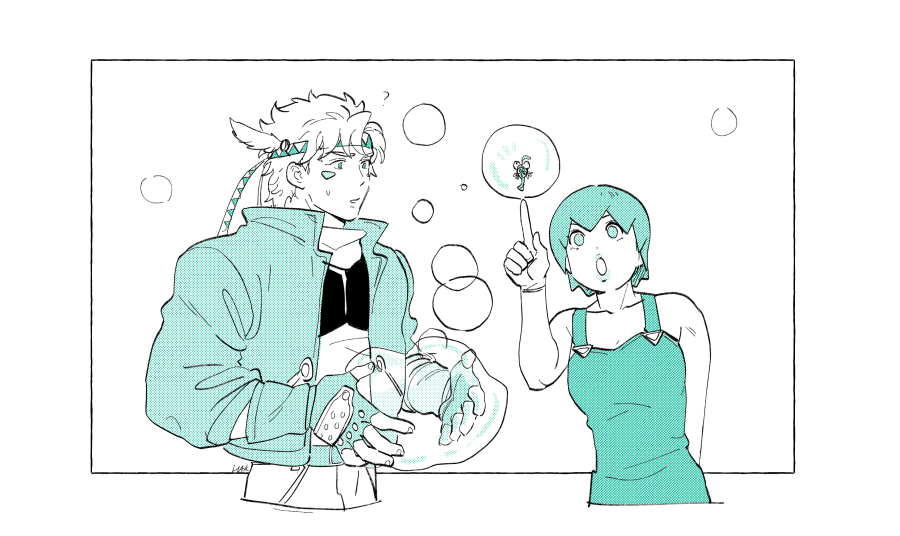 1boy 1girl battle_tendency bubble caesar_anthonio_zeppeli facial_mark feather_hair_ornament feathers fingerless_gloves foo_fighters_(jojo) foo_fighters_(stand) gloves hair_ornament hakmonss headband hydrokinesis jojo_no_kimyou_na_bouken monochrome plankton poking stand_(jojo) stone_ocean suspenders time_paradox triangle_print water