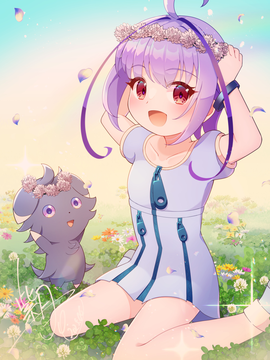 1girl :d ahoge antenna_hair arms_up azure_striker_gunvolt azure_striker_gunvolt_1 blush collarbone crossover dress espurr flower flower_wreath full_body gen_6_pokemon gradient_background grass highres joule_(gunvolt) looking_at_another looking_at_viewer medium_hair multicolored_hair nintendo on_grass open_mouth petals pokemon pokemon_(creature) purple_dress purple_eyes purple_hair red_eyes shizuki_airu signature sitting smile wariza zipper_pull_tab