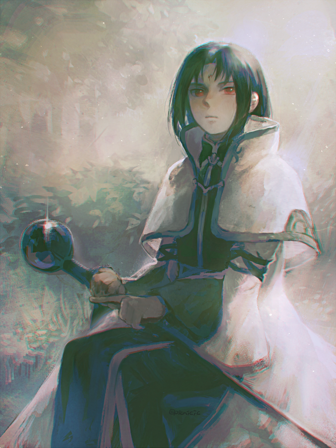 1boy black_hair commentary_request facial_mark fire_emblem fire_emblem:_radiant_dawn foliage forehead_mark holding holding_staff male_focus nintendo picnicic red_eyes sitting solo soren_(fire_emblem) soren_(radiant_confidant)_(fire_emblem) staff