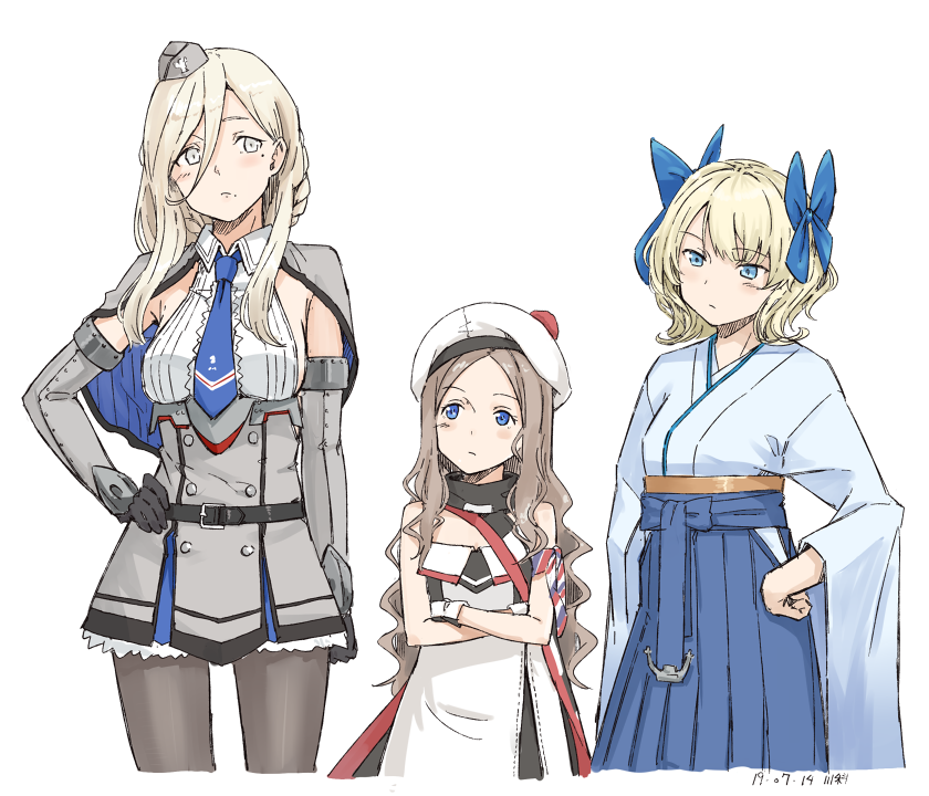 3girls armband asakaze_(kancolle) asakaze_(kancolle)_(cosplay) bare_shoulders belt beret black_gloves black_legwear black_ribbon blonde_hair blue_eyes blue_hakama blue_neckwear blush bow braid breasts capelet colorado_(kancolle) colorado_(kancolle)_(cosplay) cosplay costume_switch dress elbow_gloves furisode garrison_cap gloves grey_dress grey_headwear hair_between_eyes hair_bow hakama hakama_short_skirt hakama_skirt hat headgear japanese_clothes kantai_collection kawashina_(momen_silicon) kimono large_breasts light_brown_hair long_hair looking_at_viewer meiji_schoolgirl_uniform mole mole_under_eye mole_under_mouth multicolored_dress multicolored_gloves multicolored_legwear multicolored_scarf multiple_girls necktie pantyhose parted_bangs pleated_dress pom_pom_(clothes) ribbon richelieu_(kancolle) richelieu_(kancolle)_(cosplay) scarf shirt short_hair sideboob sidelocks simple_background skirt sleeveless standing strapless strapless_dress wavy_hair white_background white_shirt yellow_eyes