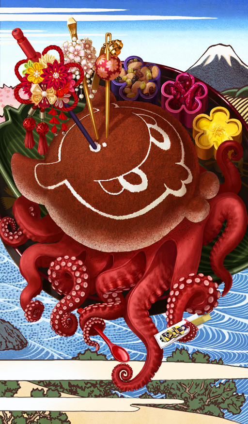 akitaken_(non_faciem) blue_background cashew chocolate commentary fate/grand_order fate_(series) fine_art_parody flower food food_art food_focus han&#039;ei_no_chocolate_gardens_of_valentine nihonga no_humans object_request octopus official_art parody plate still_life tentacles third-party_source tokitarou_(fate) ukiyo-e