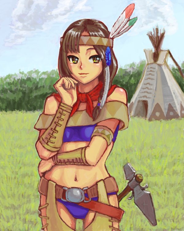 1girl bare_shoulders chaps feathers female_focus headdress midriff native_american native_american_headdress navel smile solo squaw take0 teepee tent tomahawk weapon