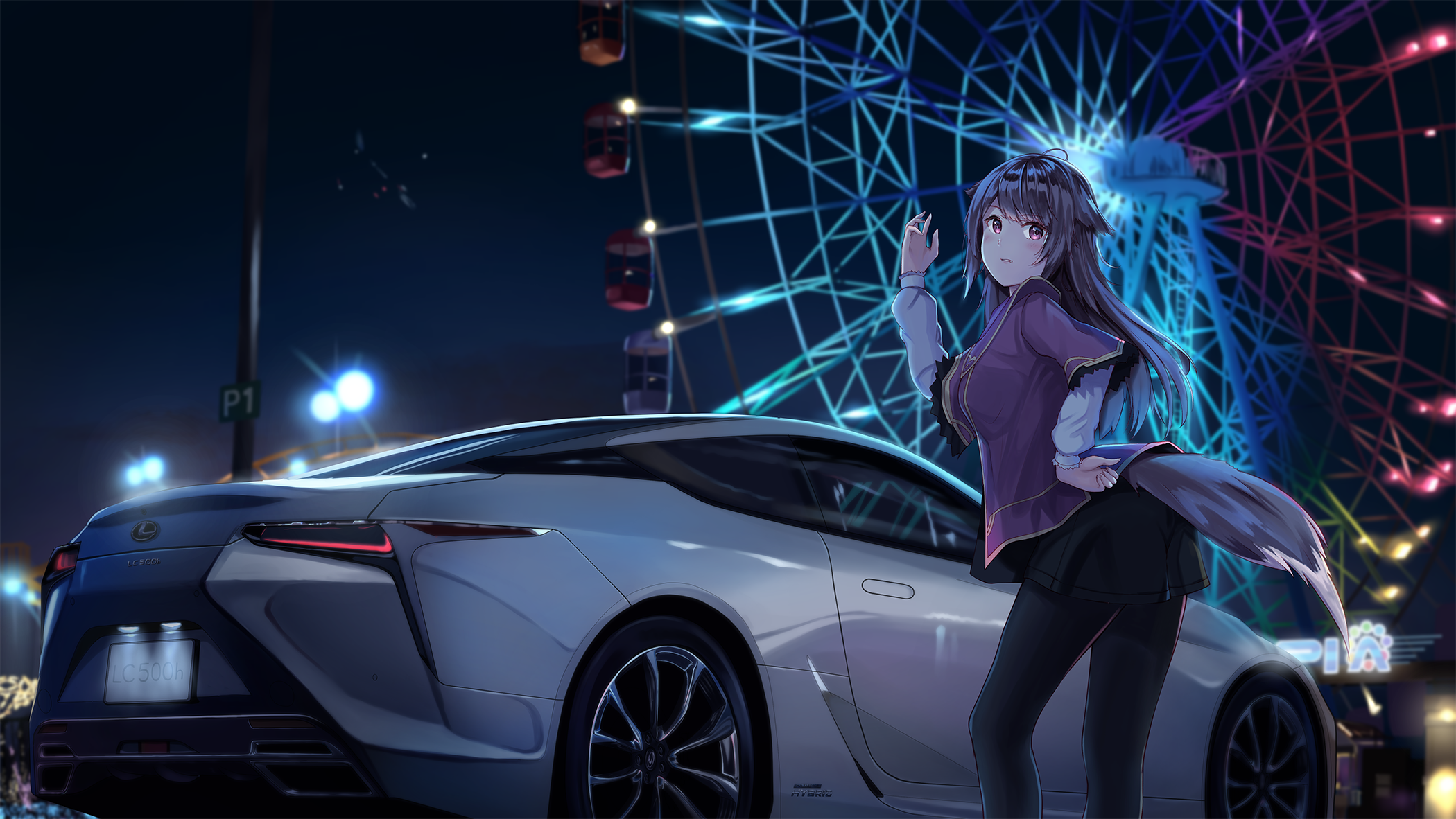 1girl aircraft airplane black_pantyhose black_skirt blush car commentary_request ferris_wheel fox_tail highres jet_airliner lamppost layered_sleeves lexus lexus_lc lexus_lc500 license_plate long_hair long_sleeves looking_back motor_vehicle night night_sky original outdoors pantyhose png_pant_(bus) purple_eyes purple_hair short_over_long_sleeves short_sleeves skirt sky solo tail vehicle_focus