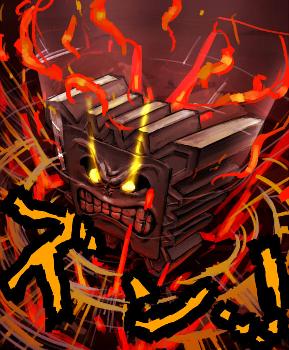 angry multiple_expressions fire glowing glowing_eyes kaosu_(kaosu0905) mario_(series) nintendo no_humans smash solo super_mario_bros._1 teeth thwomp translated yellow_eyes