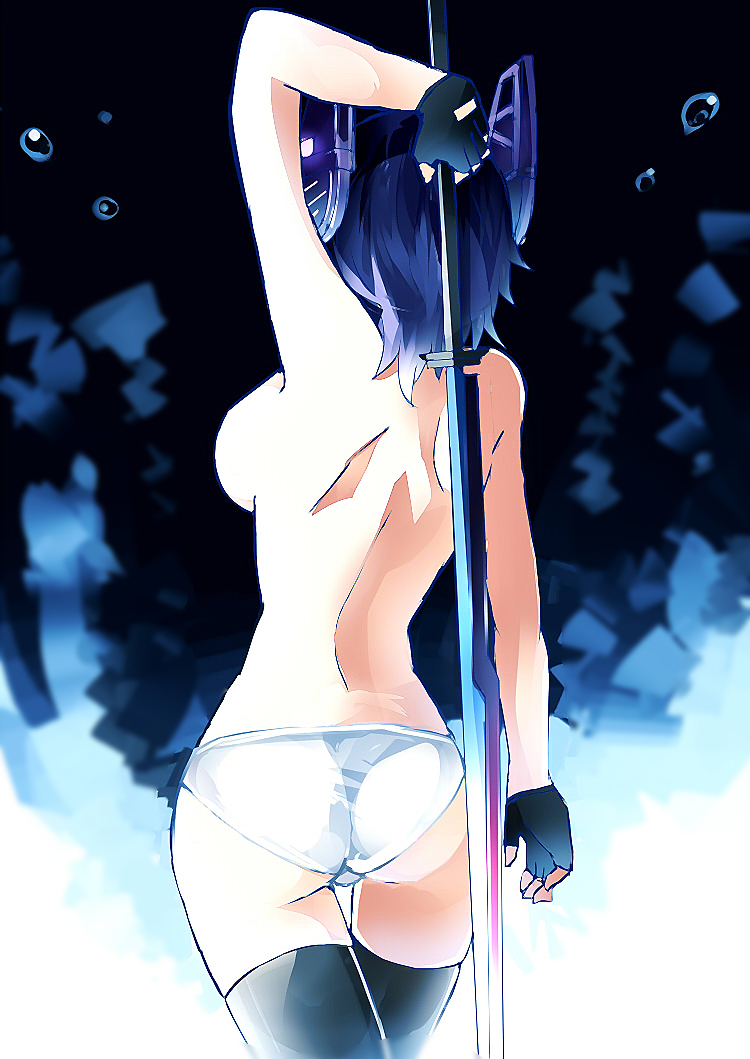 10s 1girl abu arm_up armpits ass back black_thighhighs blue_hair breasts crossed_legs female_focus fingerless_gloves from_behind gloves headgear holding holding_weapon kantai_collection large_breasts panties purple_hair short_hair solo standing tenryuu_(kancolle) thigh_gap thighhighs thighs topless_female underwear weapon white_panties