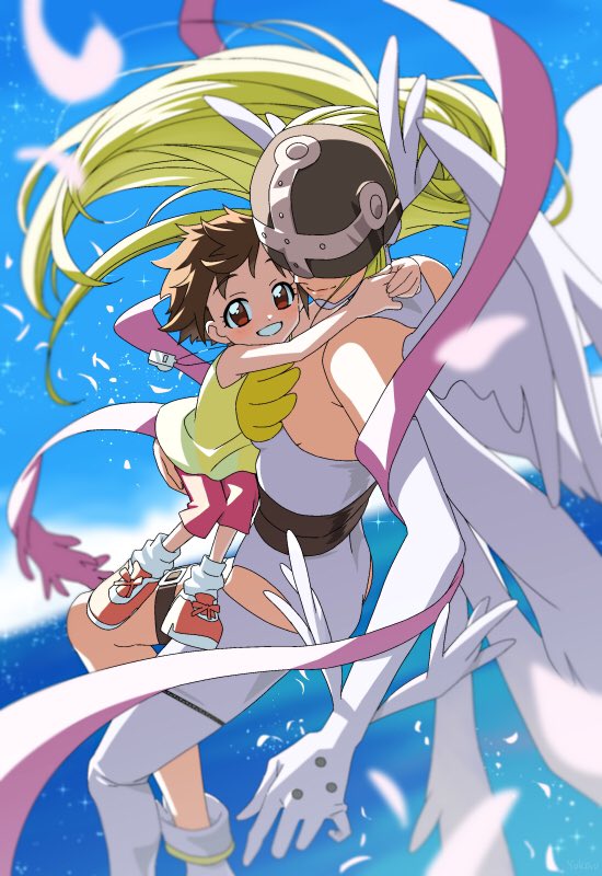 2girls angel_wings angewomon blonde_hair blue_sky brown_hair carrying carrying_person covered_eyes digimon digimon_(creature) digimon_adventure elbow_gloves feathered_wings feathers flying gloves helmet helmet_over_eyes long_hair looking_at_viewer multiple_girls ocean outdoors red_eyes short_hair sky smile sunlight winged_helmet wings yagami_hikari yoko.u
