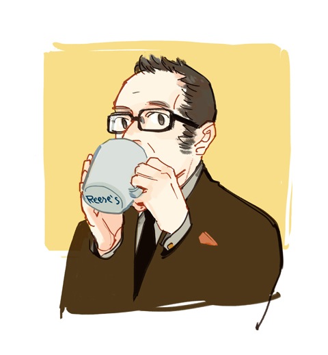 1boy brown_eyes brown_hair brown_suit chive cropped_torso cup drinking formal_clothes glasses harold_finch_(person_of_interest) holding holding_cup looking_at_viewer male_focus mature_male person_of_interest rectangular_eyewear short_hair sideburns simple_background solo suit
