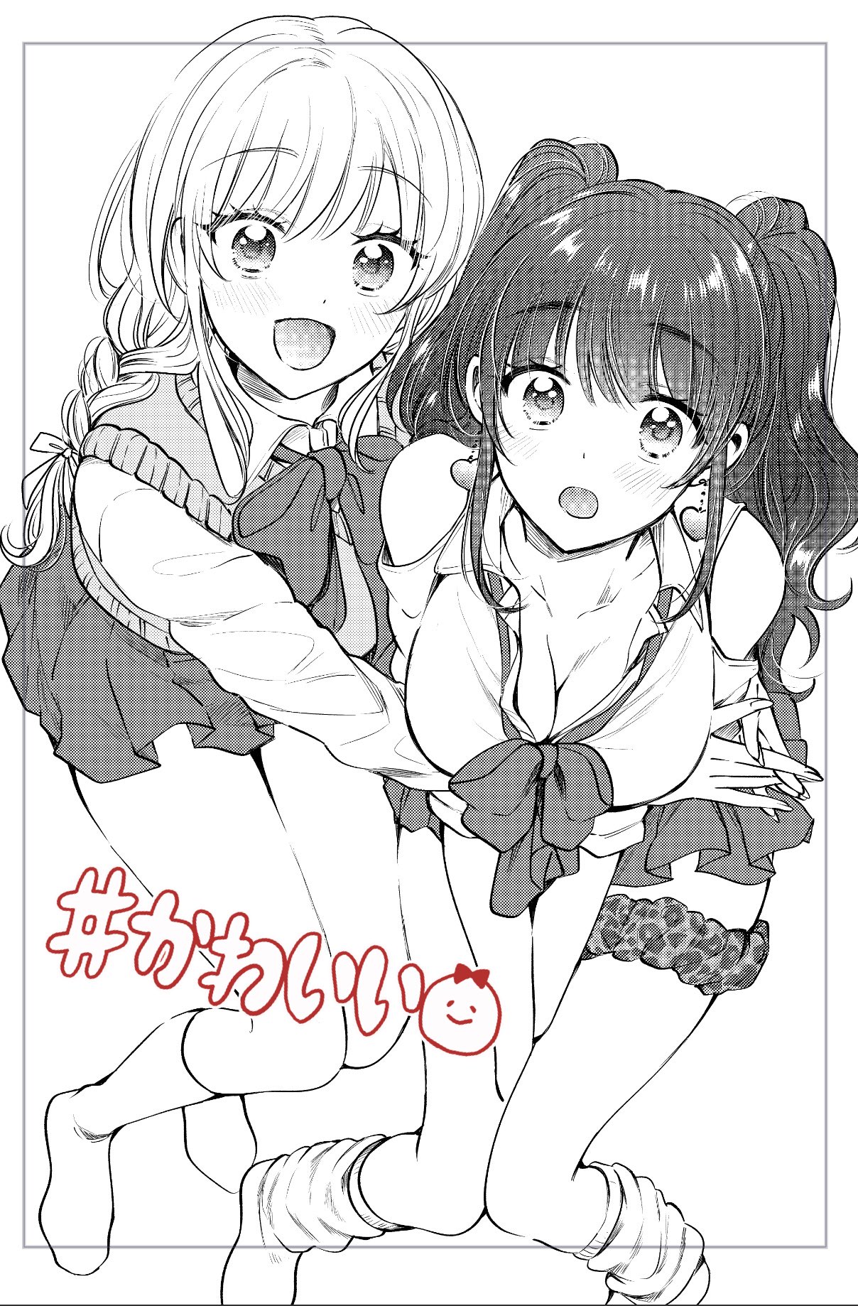 2girls alternate_hairstyle animal_print bare_shoulders between_legs border bow bowtie braid breasts cleavage clothing_cutout collarbone commentary_request cosplay costume_switch earrings from_above fuufu_ijou_koibito_miman. greyscale hairstyle_switch hand_between_legs hashtag heart heart_earrings highres hug jewelry kanamaru_yuuki large_breasts leopard_print long_hair looking_at_viewer looking_up loose_socks monochrome multiple_girls no_shoes open_mouth pleated_skirt sakurazaka_shiori school_uniform shoulder_cutout sitting skirt smile socks sweater_vest thigh_scrunchie translation_request twin_braids twintails watanabe_akari