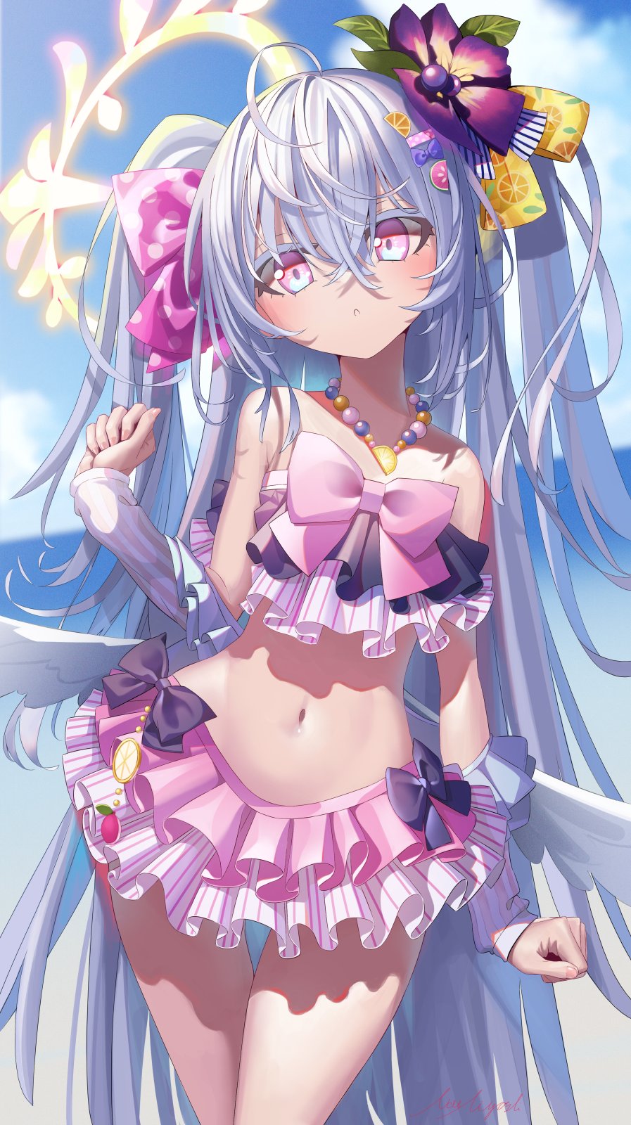 1girl ahoge azusa_(blue_archive) azusa_(swimsuit)_(blue_archive) beach blue_archive breasts collarbone detached_sleeves flower grey_hair hair_between_eyes hair_flower hair_ornament highres jewelry long_hair miyoshi_nao_(miyoshist) navel necklace ocean purple_eyes ribbon small_breasts solo swimsuit wings