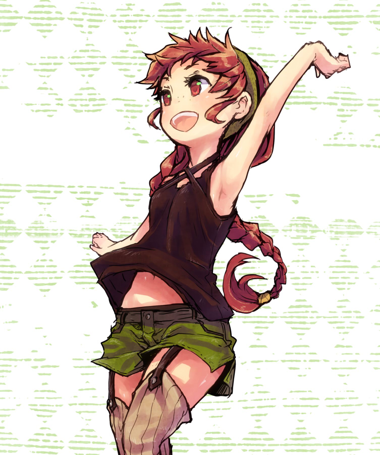 1girl :d arm_up armpits bandana black_shirt braid braided_ponytail brown_hair female_focus floating_hair garter_straps grey_thighhighs isuzu_(log_horizon) log_horizon long_hair midriff mo_(deciliter) navel open_mouth ponytail red_eyes shiny_skin shirt short_shorts shorts single_braid sleeveless sleeveless_shirt smile solo standing stomach thighhighs very_long_hair white_background