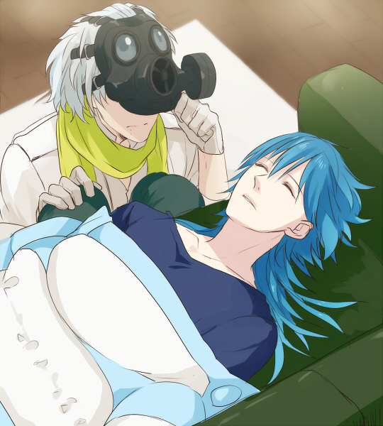 10s 2boys bad_id bad_pixiv_id blue_hair clear_(dramatical_murder) couch dramatical_murder closed_eyes gas_mask gloves green_upholstery hiki_yuichi long_hair lying mask multiple_boys scarf seragaki_aoba short_hair sleeping white_hair