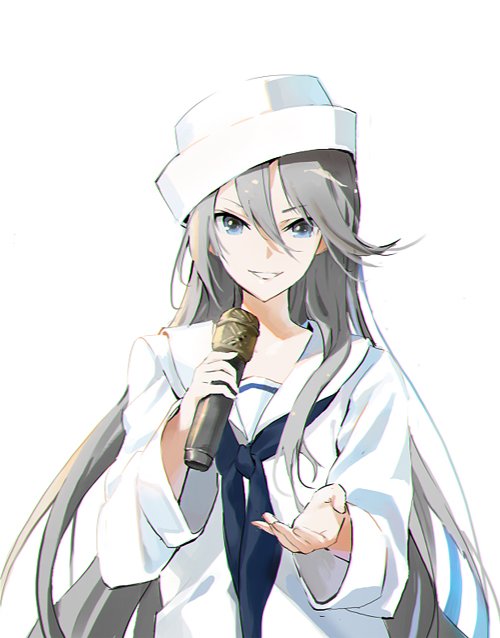10s 1girl bad_id bad_twitter_id black_neckerchief blouse blue_eyes commentary_request dixie_cup_hat female_focus flint_(girls_und_panzer) gesture girls_und_panzer grey_hair hat holding holding_microphone long_hair long_sleeves looking_at_viewer microphone military_hat naye neckerchief ooarai_naval_school_uniform parted_lips sailor sailor_collar school_uniform shirt simple_background smile solo standing upper_body white_background white_hat white_shirt
