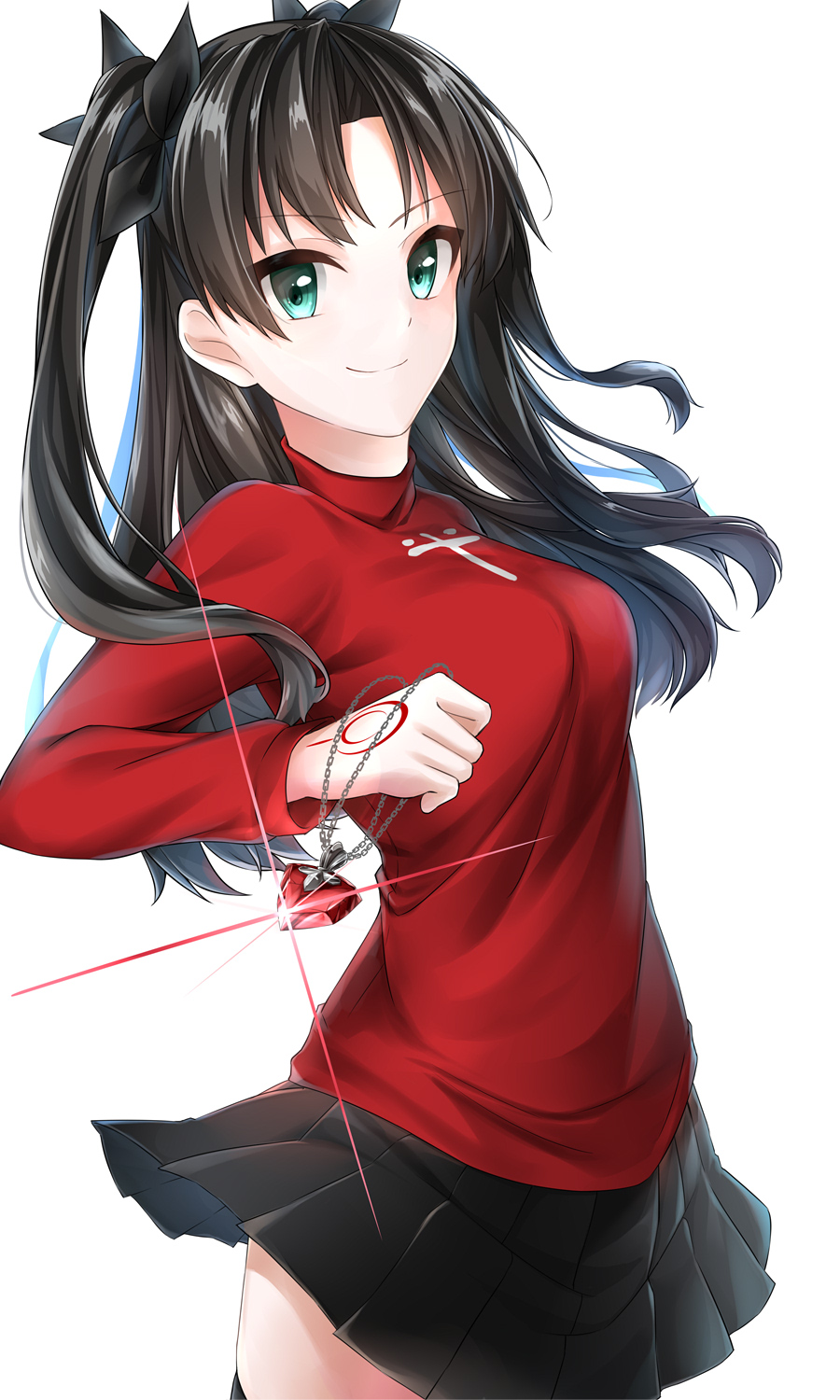&gt;:) 1girl aqua_eyes black_hair black_legwear black_ribbon black_skirt breasts closed_mouth clothes_lift cowboy_shot fate/stay_night fate_(series) female_focus floating_hair hair_ribbon heart heart_necklace highres holding holding_jewelry holding_pendant jewelry long_hair long_sleeves looking_at_viewer medium_breasts miniskirt neck necklace parted_bangs pendant pleated_skirt red_shirt ribbon rukinya_(nyanko_mogumogu) shirt simple_background skirt skirt_lift smile solo sparkle standing tohsaka_rin two_side_up type-moon white_background wind wind_lift