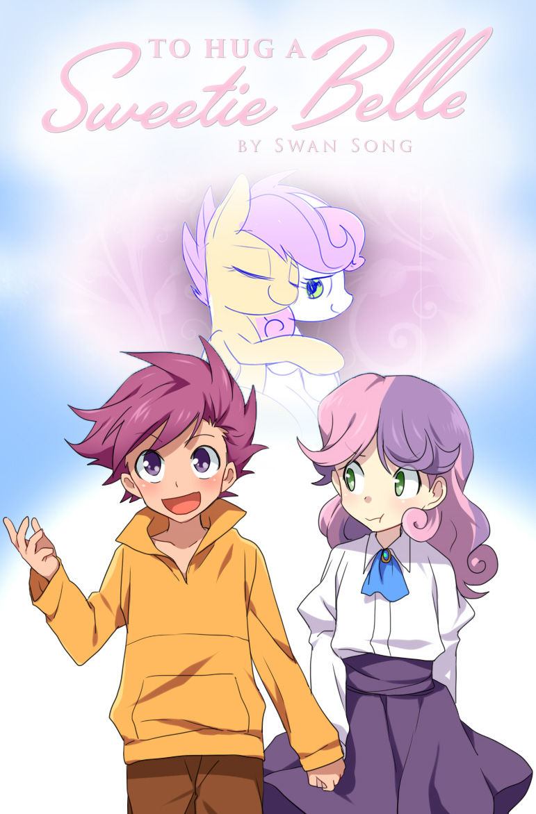 2girls commentary english_commentary green_eyes holding_hands hug jacket long_hair long_sleeves multicolored_hair multiple_girls my_little_pony my_little_pony:_equestria_girls my_little_pony:_friendship_is_magic open_mouth orange_jacket pants pony_(animal) pout puffy_cheeks purple_eyes scootaloo short_hair skirt sweetie_belle