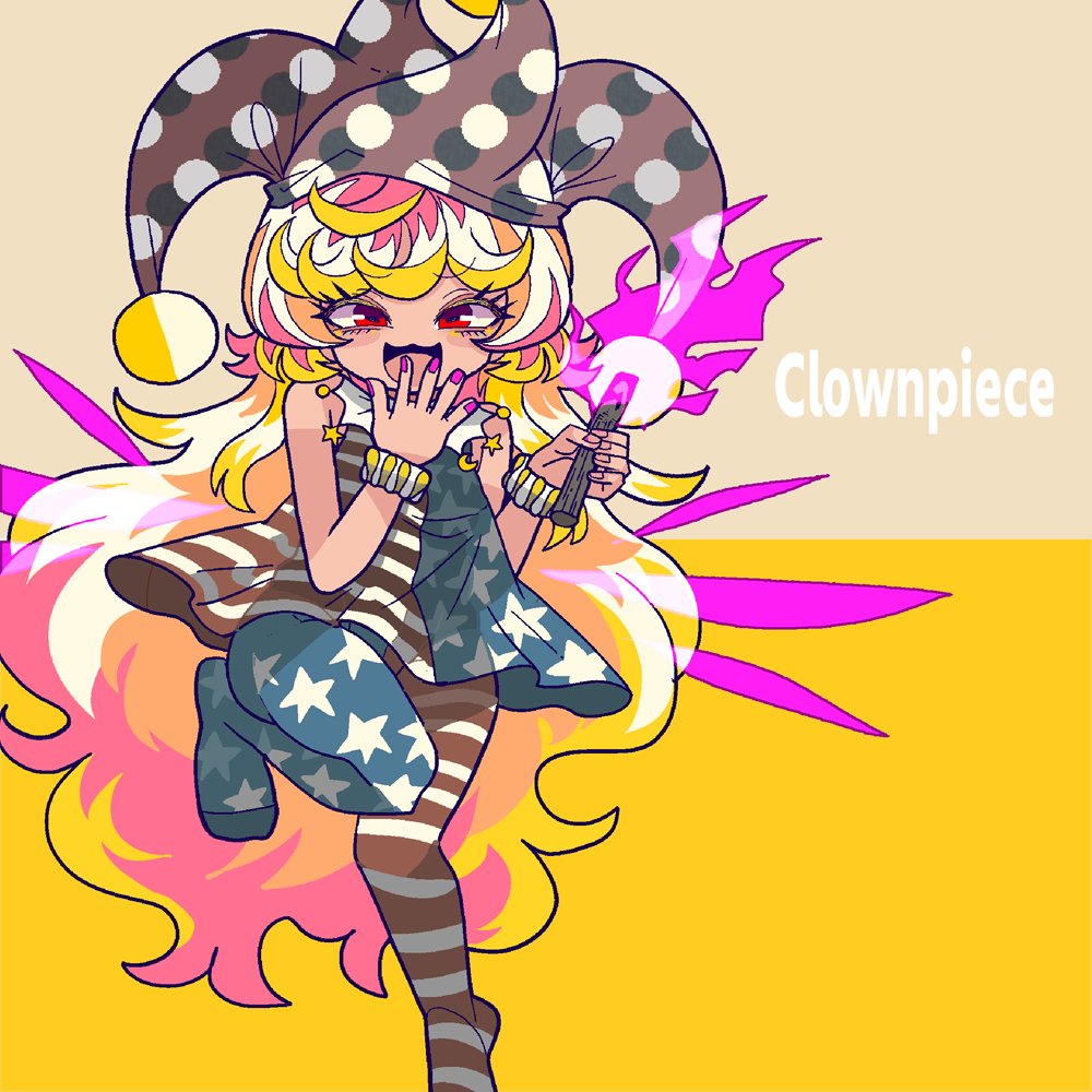 1girl american_flag_dress american_flag_legwear blonde_hair character_name clownpiece dress fairy fairy_wings fingernails hat holding holding_torch jester_cap long_hair nail_polish open_mouth panties pink_nails polka_dot polka_dot_headwear red_eyes red_hat sleeveless sleeveless_dress smile solo star_(symbol) star_print striped_clothes striped_dress striped_panties torch touhou underwear wings yt_(wai-tei)