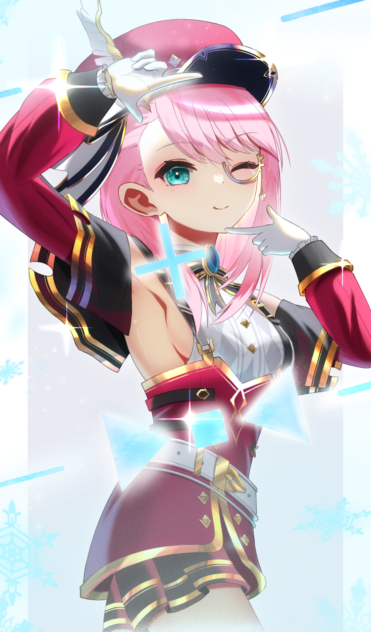 1girl arm_up armpits blue_eyes breasts charlotte_(genshin_impact) closed_mouth dress genshin_impact gloves hat highres long_hair long_sleeves looking_at_viewer medium_breasts monocle one_eye_closed pink_hair red_dress red_hat rerute_(lerte_6) solo thighs tongue tongue_out