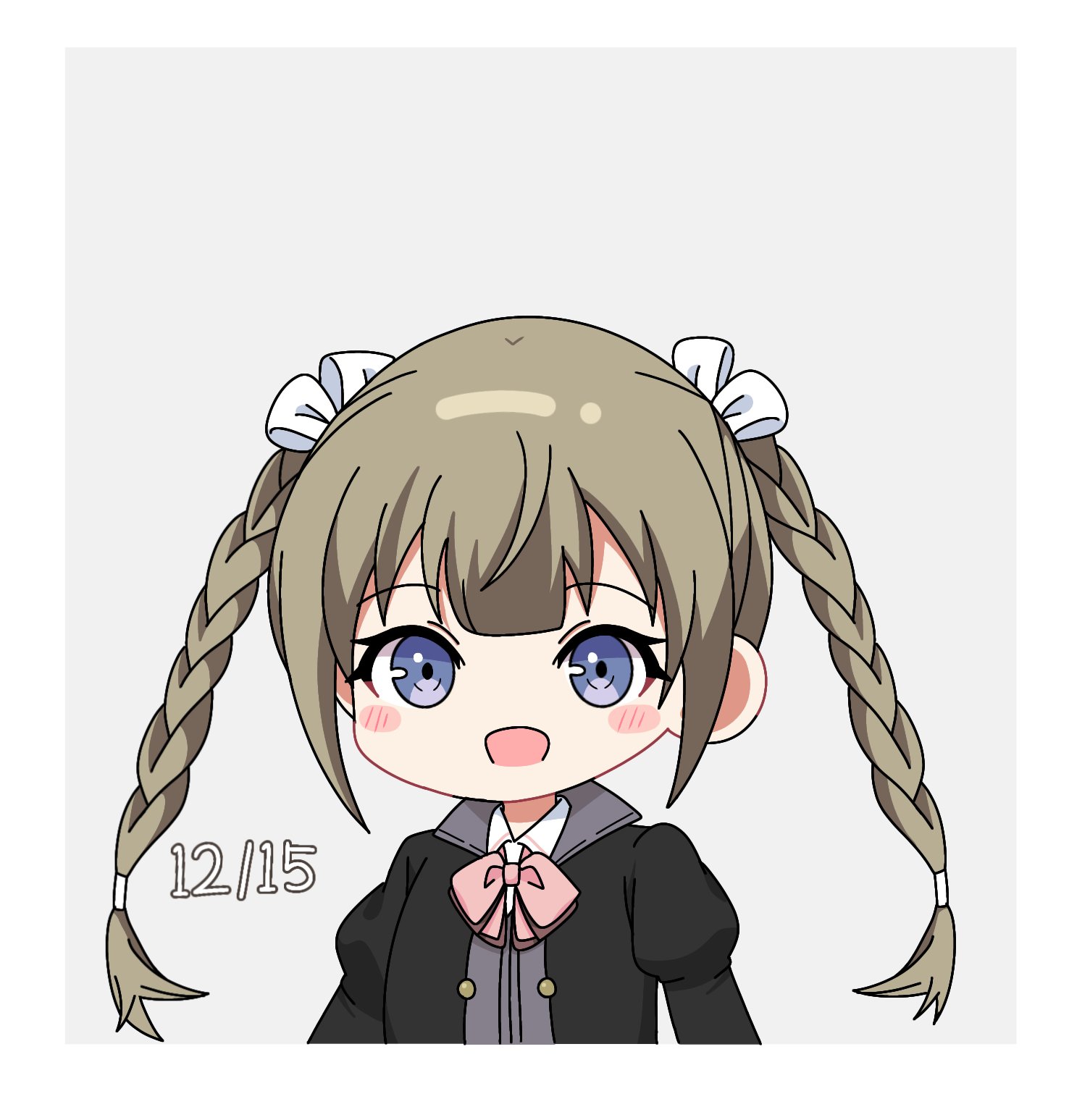 1girl :d arms_at_sides assault_lily black_jacket blue_eyes blunt_bangs blush border bow bowtie braid brown_hair chibi collared_shirt commentary dated grey_background hair_ribbon highres jacket juliet_sleeves kishimoto_lucia_raimu long_hair long_sleeves looking_at_viewer ludvico_private_girls'_academy_school_uniform open_mouth pink_bow pink_bowtie puffy_sleeves ribbon school_uniform shirt simple_background smile solo twin_braids twintails upper_body white_border white_ribbon white_shirt yui_(yui1115_)
