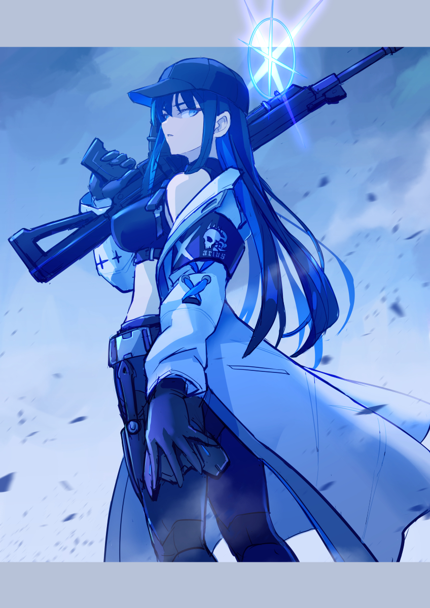 1girl assault_rifle baseball_cap black_gloves black_hair black_hat black_pants black_shirt blue_archive blue_eyes blue_halo breasts chingisu commentary cowboy_shot crop_top gloves gun halo hat highres holding holding_gun holding_weapon jacket long_hair long_sleeves looking_at_viewer medium_breasts open_clothes open_jacket pants rifle saori_(blue_archive) shirt sig_516 sleeveless sleeveless_shirt solo standing weapon white_jacket