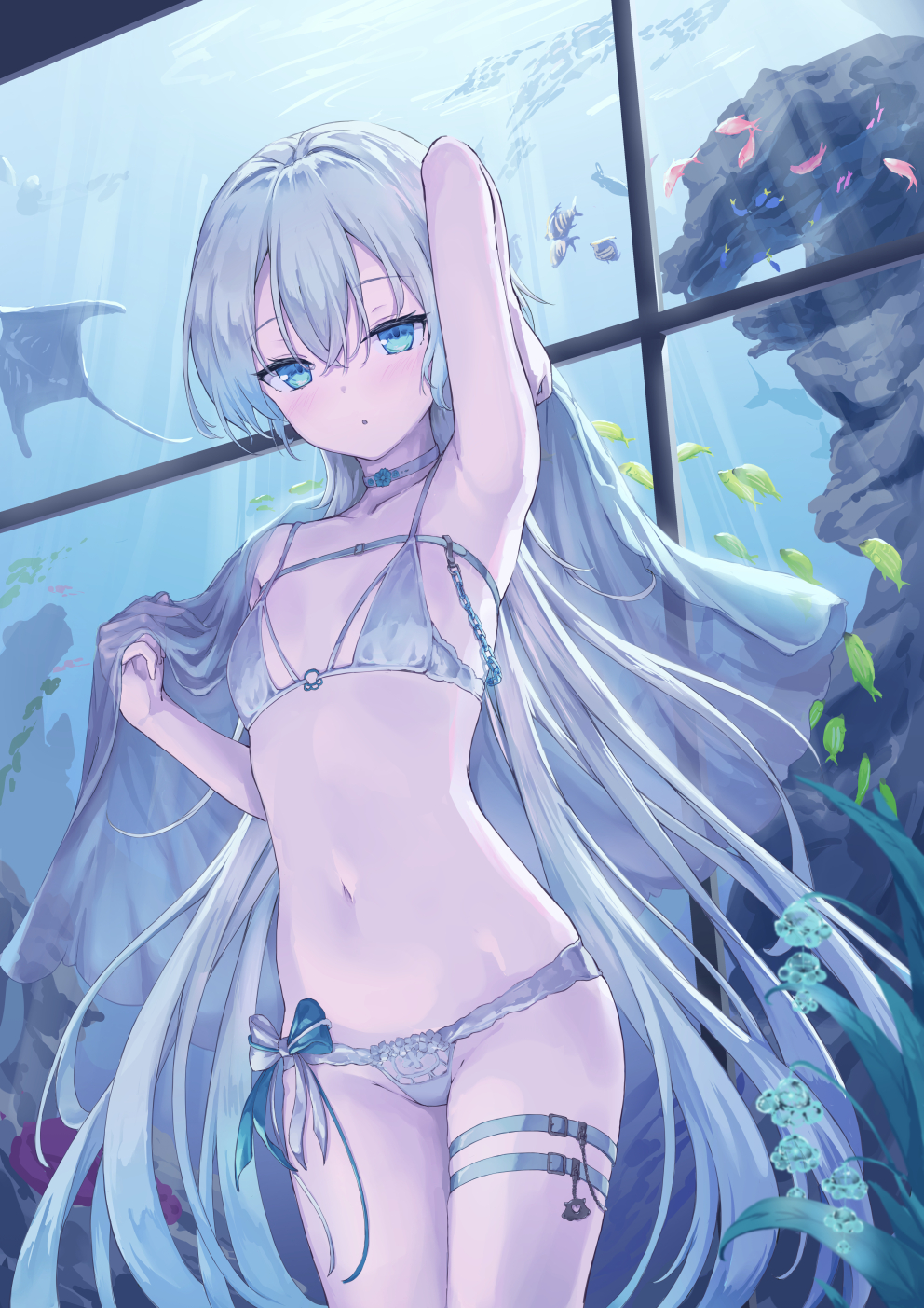 1girl aquarium armpits blue_eyes blush bow bow_panties bra breasts choker collarbone commentary_request cowboy_shot expressionless fish flower_choker grey_hair hair_between_eyes highres holding holding_towel lace lace_panties long_hair looking_at_viewer navel original panties parufeito small_breasts thigh_strap towel underwear very_long_hair white_bra white_choker white_hair white_panties