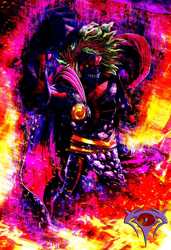 1boy black_sclera cape clenched_hand colored_sclera colored_skin epic fire green_hair grin hades_(kid_icarus) kid_icarus kid_icarus_uprising male_focus misterror multicolored_hair nintendo purple_skin red_eyes red_hair slit_pupils smile solo tattoo two-tone_hair