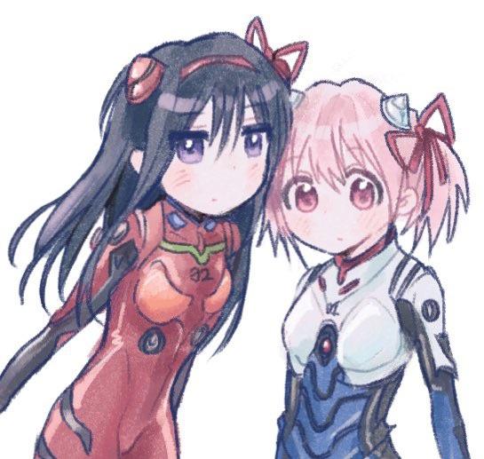 2girls akemi_homura armor black_hair blue_bodysuit bodysuit breastplate closed_mouth cosplay cowboy_shot dot_nose expressionless hair_ribbon hairband hairpods heads_together ikari_shinji ikari_shinji_(cosplay) kaname_madoka kerimka31328031 light_blush long_hair looking_at_viewer mahou_shoujo_madoka_magica mahou_shoujo_madoka_magica_(anime) mecha_pilot_suit multiple_girls neon_genesis_evangelion numbered pink_eyes pink_hair plugsuit_(evangelion) purple_eyes red_bodysuit red_hairband red_ribbon ribbon short_hair short_twintails simple_background souryuu_asuka_langley souryuu_asuka_langley_(cosplay) straight_hair tareme third-party_source twintails white_background