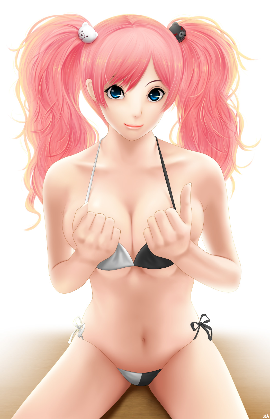 10s 1girl bikini blue_eyes breast_hold breasts danganronpa:_trigger_happy_havoc danganronpa_(series) enoshima_junko female_focus hair_ornament highres huge_breasts khalitzburg_(user_2274420) large_breasts long_hair looking_at_viewer pink_hair side-tie_bikini_bottom sitting smile solo spoilers swimsuit twintails
